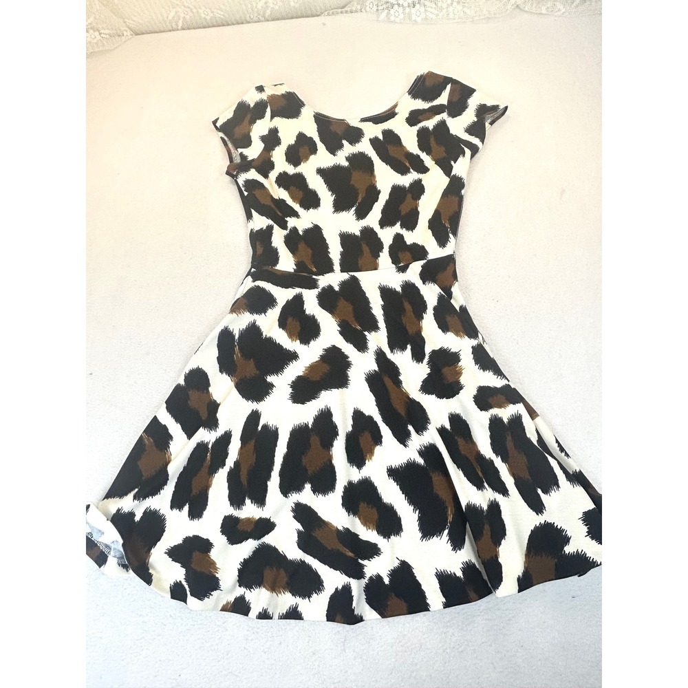 AQUA Fit and Flare Dress Women Medium Ivory Leopard Animal Print Skater